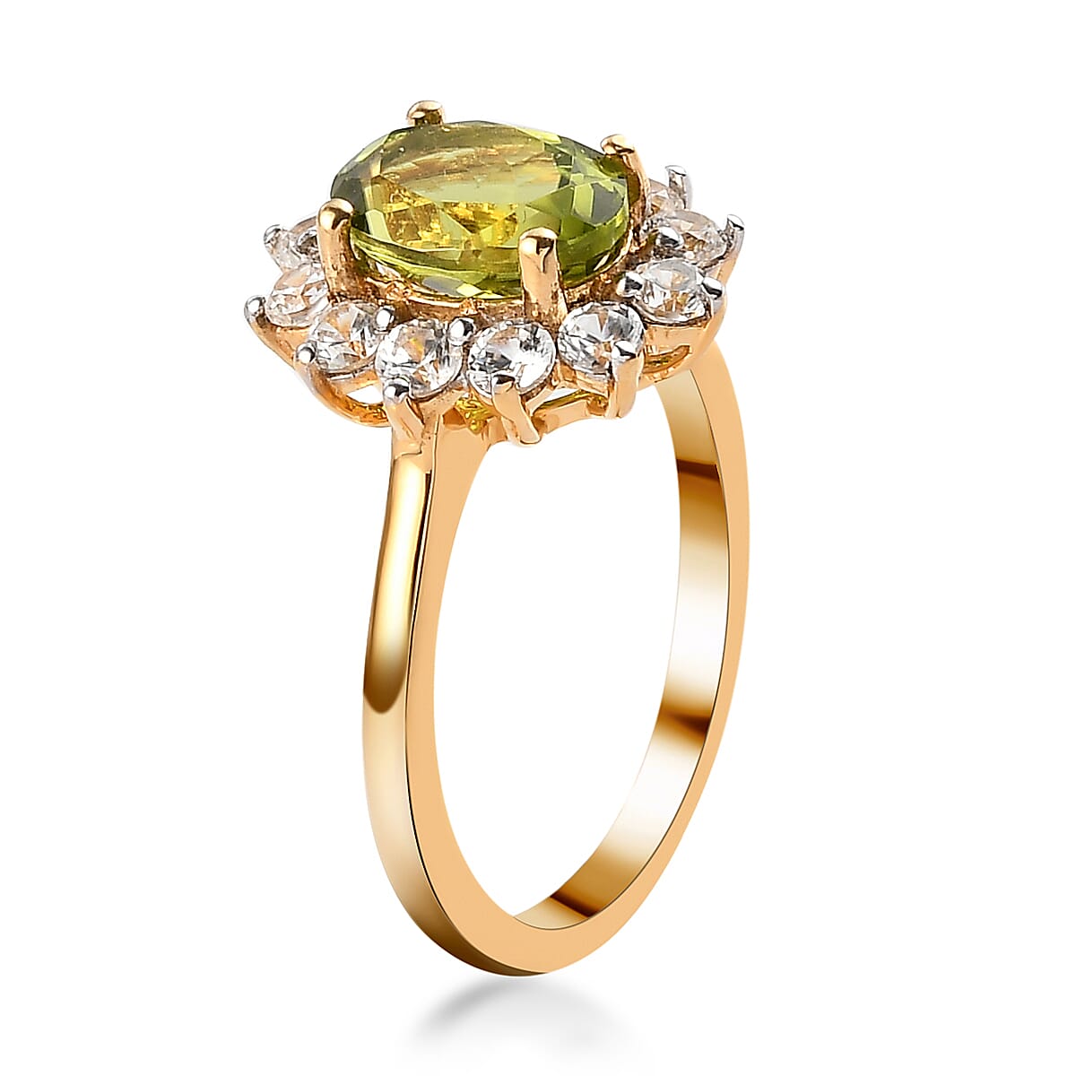 AMERICAN Natural Arizona Peridot and White Zircon Sunburst Ring in Vermeil Yellow Gold Over Sterling Silver (Size 7.0) 2.20 ctw image number 3