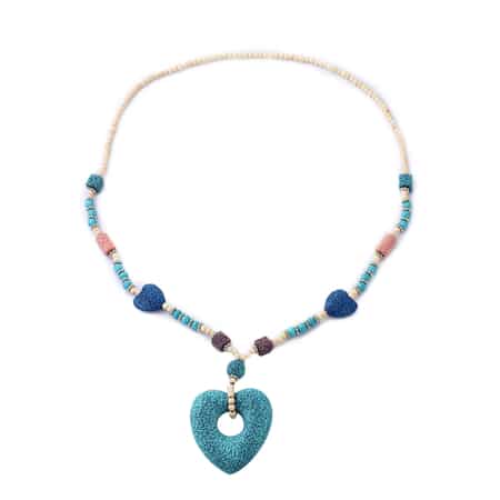 Multi Color Lava, White and Blue Howlite Beaded Necklace with Heart Charm 28 Inches in Silvertone 230.00 ctw image number 0