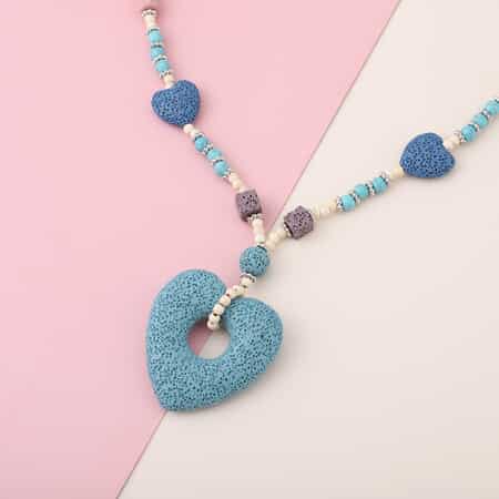 Multi Color Lava, White and Blue Howlite Beaded Necklace with Heart Charm 28 Inches in Silvertone 230.00 ctw image number 1