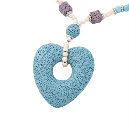 Multi Color Lava, White and Blue Howlite Beaded Necklace with Heart Charm 28 Inches in Silvertone 230.00 ctw image number 2