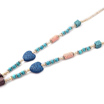 Multi Color Lava, Freshened White and Blue Howlite Beaded Necklace with Heart Charm 28 Inches in Silvertone 230.00 ctw