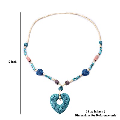 Multi Color Lava, Freshened White and Blue Howlite Beaded Necklace with Heart Charm 28 Inches in Silvertone 230.00 ctw