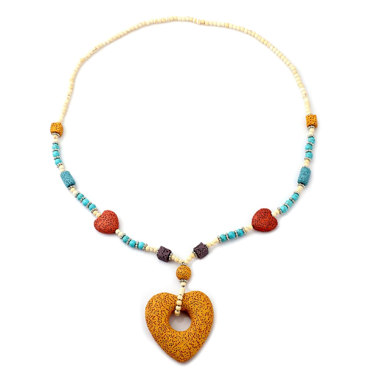 Multi Color Lava, Freshened White and Blue Howlite Beaded Necklace with Heart Charm 28 Inches in Silvertone 239.50 ctw image number 0