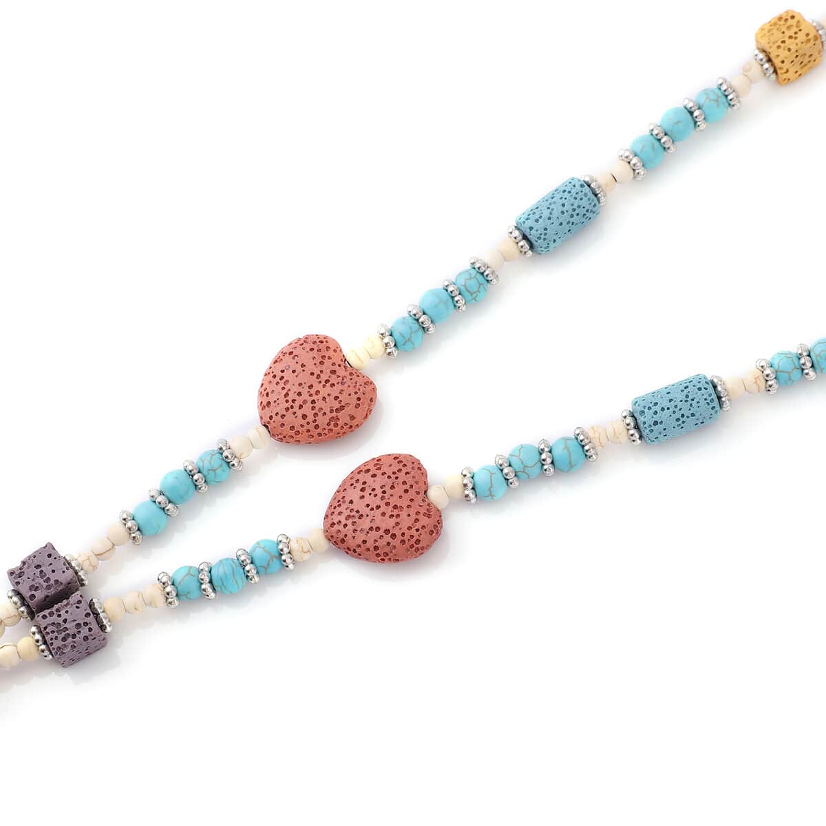 Multi Color Lava, Freshened White and Blue Howlite Beaded Necklace with Heart Charm 28 Inches in Silvertone 239.50 ctw image number 3