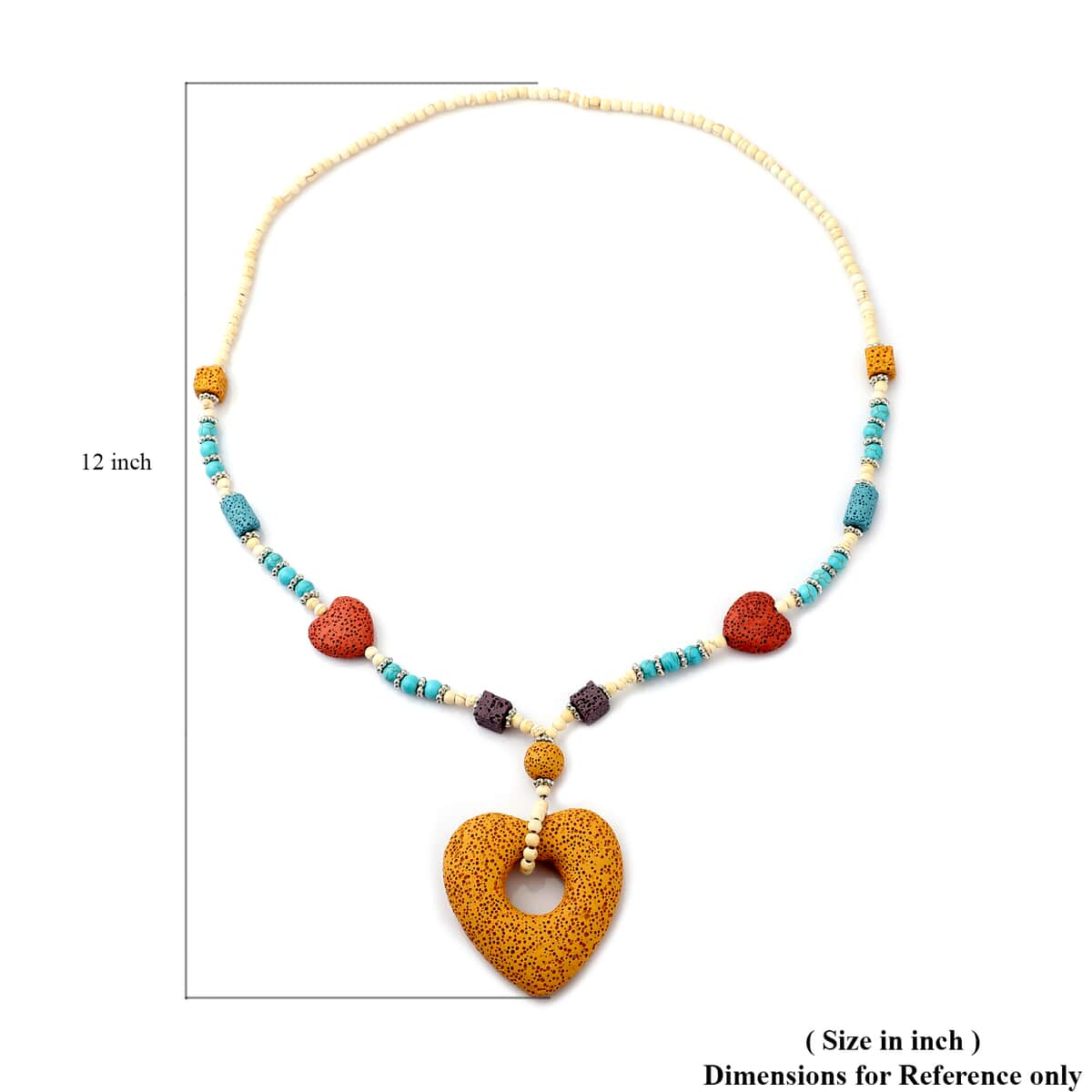 Multi Color Lava, Freshened White and Blue Howlite Beaded Necklace with Heart Charm 28 Inches in Silvertone 239.50 ctw image number 4