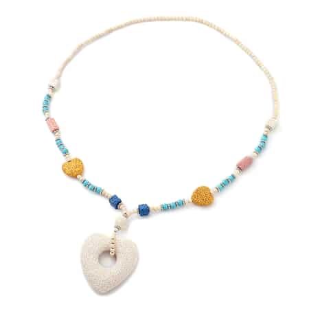 Multi Color Lava, Freshened White and Blue Howlite Beaded Necklace with Heart Charm 28 Inches in Silvertone 218.50 ctw image number 0