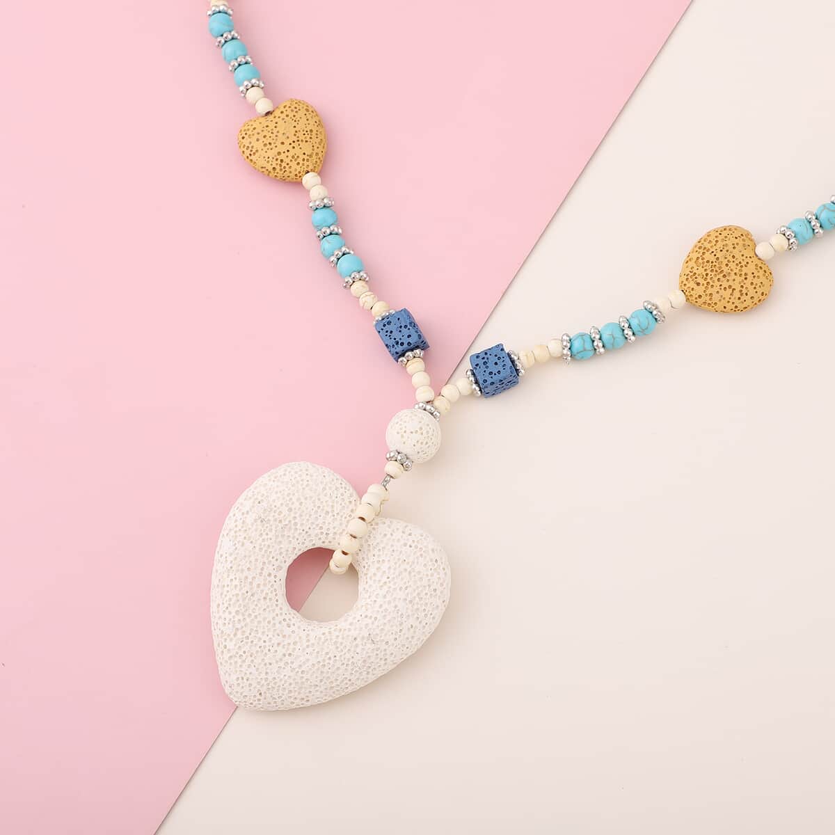 Multi Color Lava, Freshened White and Blue Howlite Beaded Necklace with Heart Charm 28 Inches in Silvertone 218.50 ctw image number 1