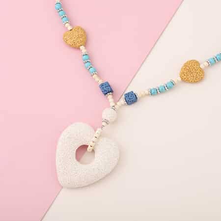Multi Color Lava, Freshened White and Blue Howlite Beaded Necklace with Heart Charm 28 Inches in Silvertone 218.50 ctw image number 1