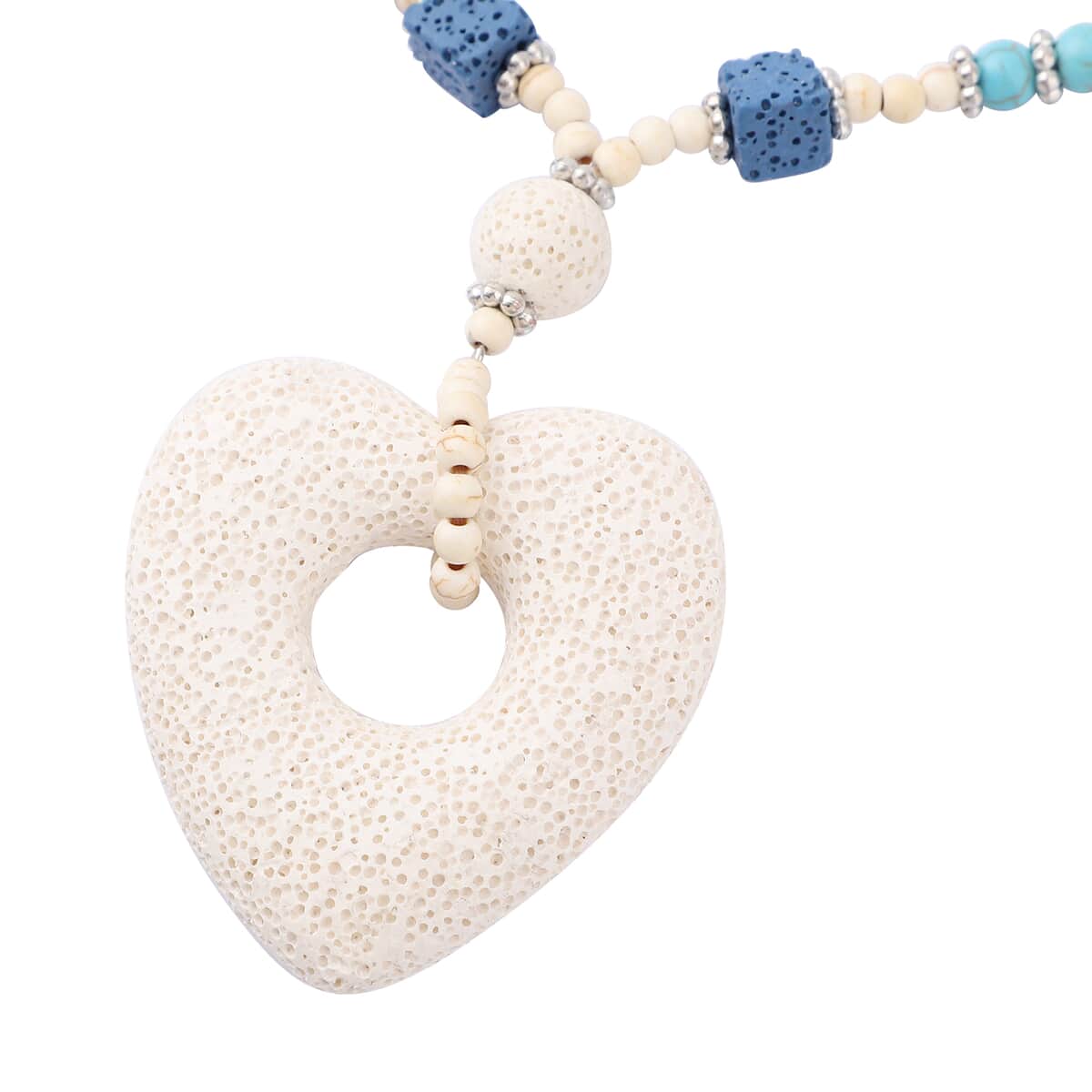 Multi Color Lava, Freshened White and Blue Howlite Beaded Necklace with Heart Charm 28 Inches in Silvertone 218.50 ctw image number 2