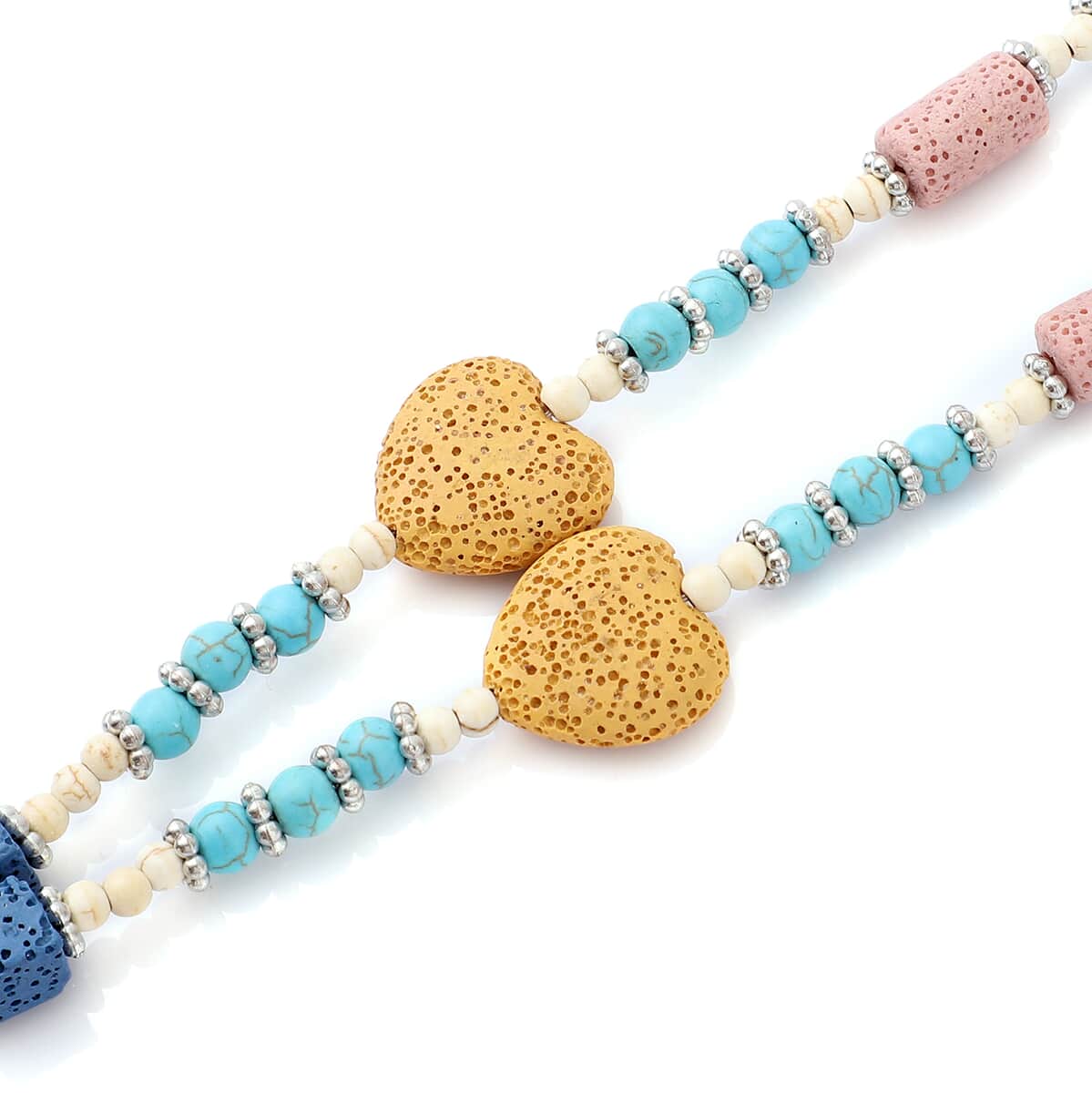 Multi Color Lava, Freshened White and Blue Howlite Beaded Necklace with Heart Charm 28 Inches in Silvertone 218.50 ctw image number 3