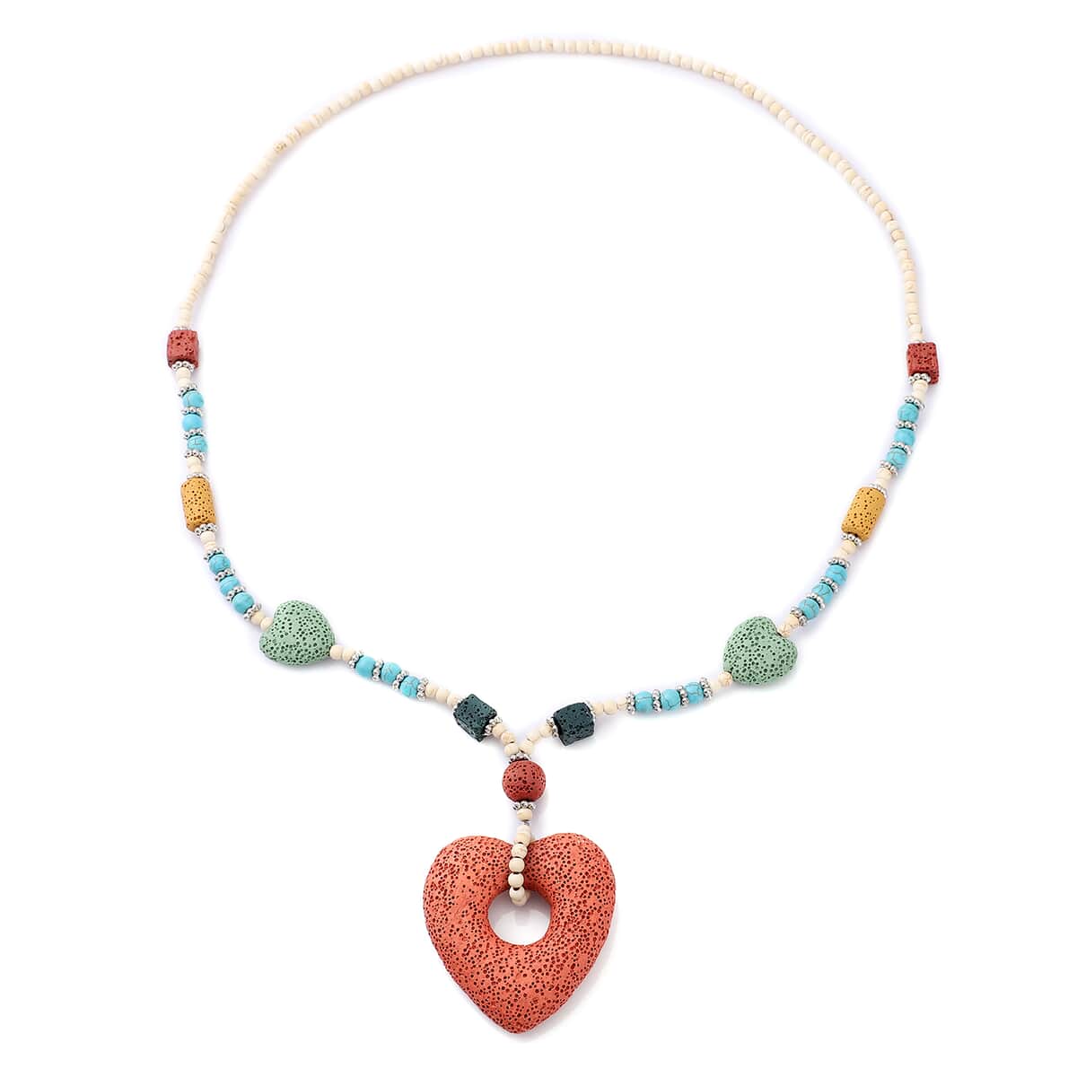Multi Color Lava, Freshened White and Blue Howlite Beaded Necklace with Heart Charm 28 Inches in Silvertone 229.00 ctw image number 0