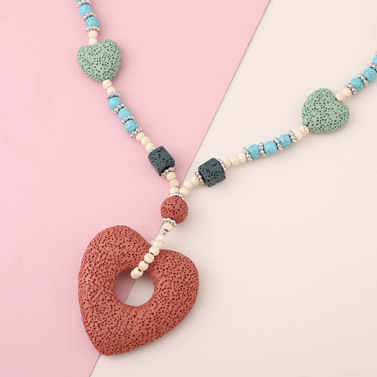 Multi Color Lava, Freshened White and Blue Howlite Beaded Necklace with Heart Charm 28 Inches in Silvertone 229.00 ctw image number 1