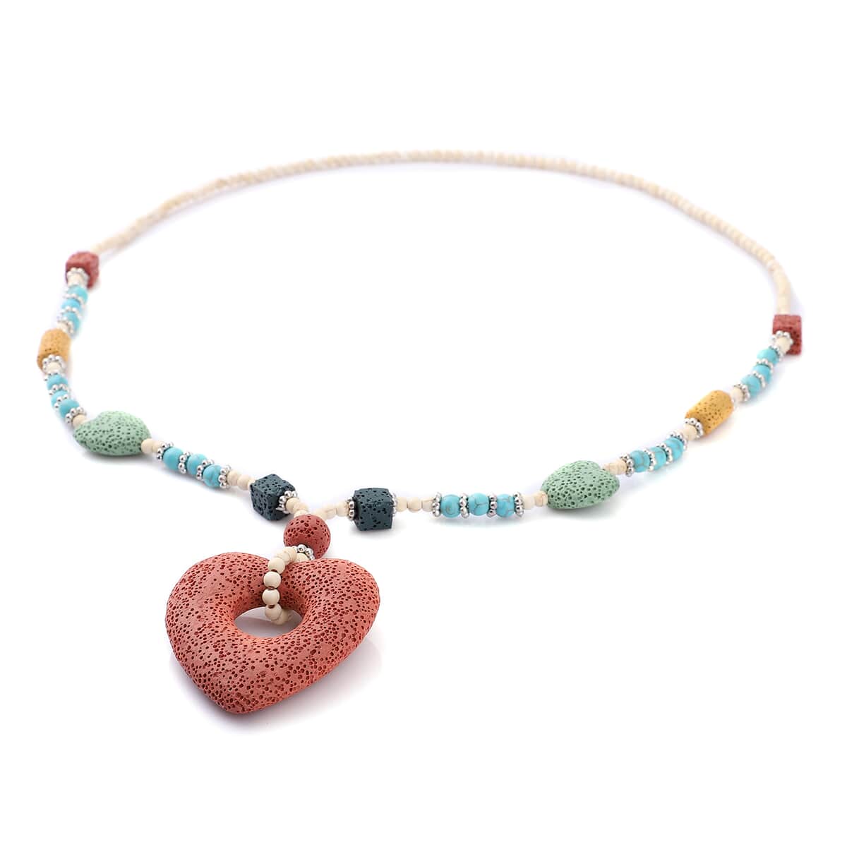 Multi Color Lava, Freshened White and Blue Howlite Beaded Necklace with Heart Charm 28 Inches in Silvertone 229.00 ctw image number 2