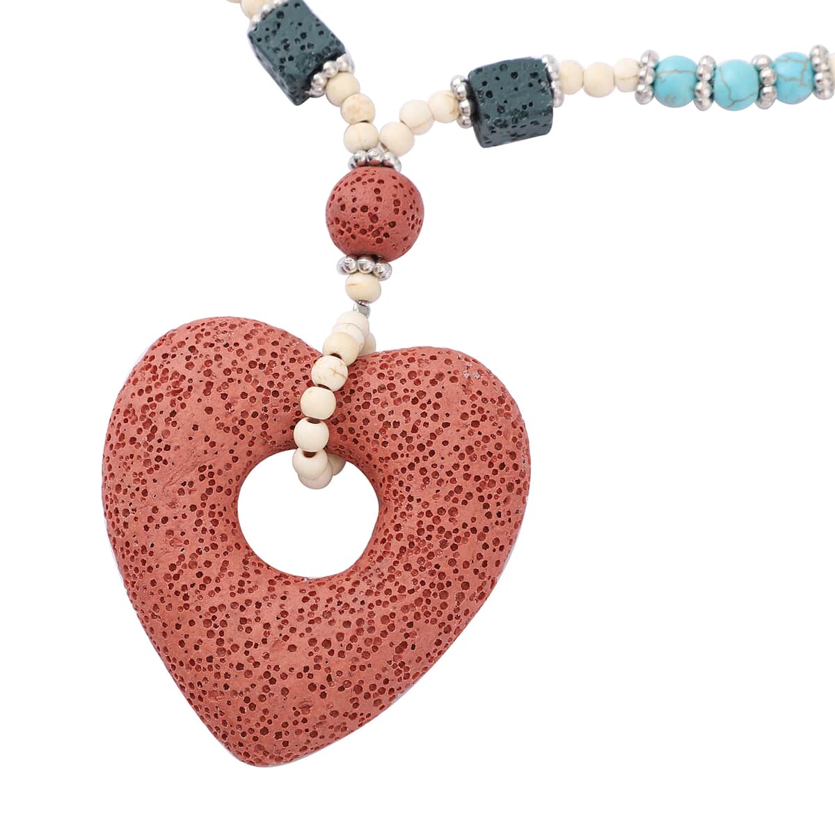 Multi Color Lava, Freshened White and Blue Howlite Beaded Necklace with Heart Charm 28 Inches in Silvertone 229.00 ctw image number 3