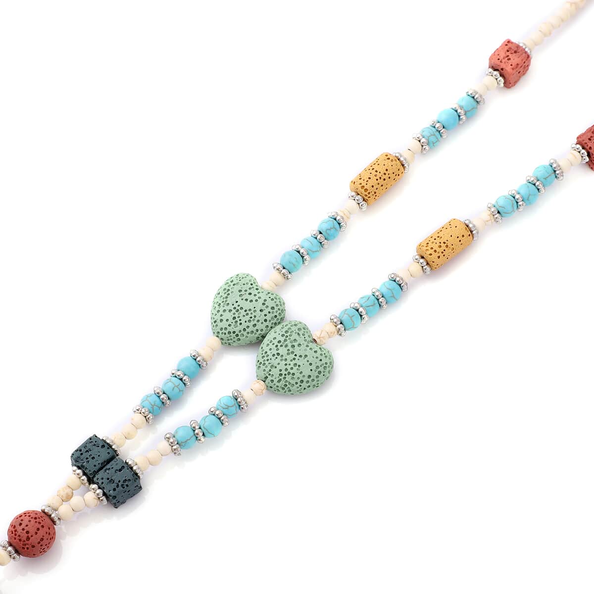 Multi Color Lava, Freshened White and Blue Howlite Beaded Necklace with Heart Charm 28 Inches in Silvertone 229.00 ctw image number 4