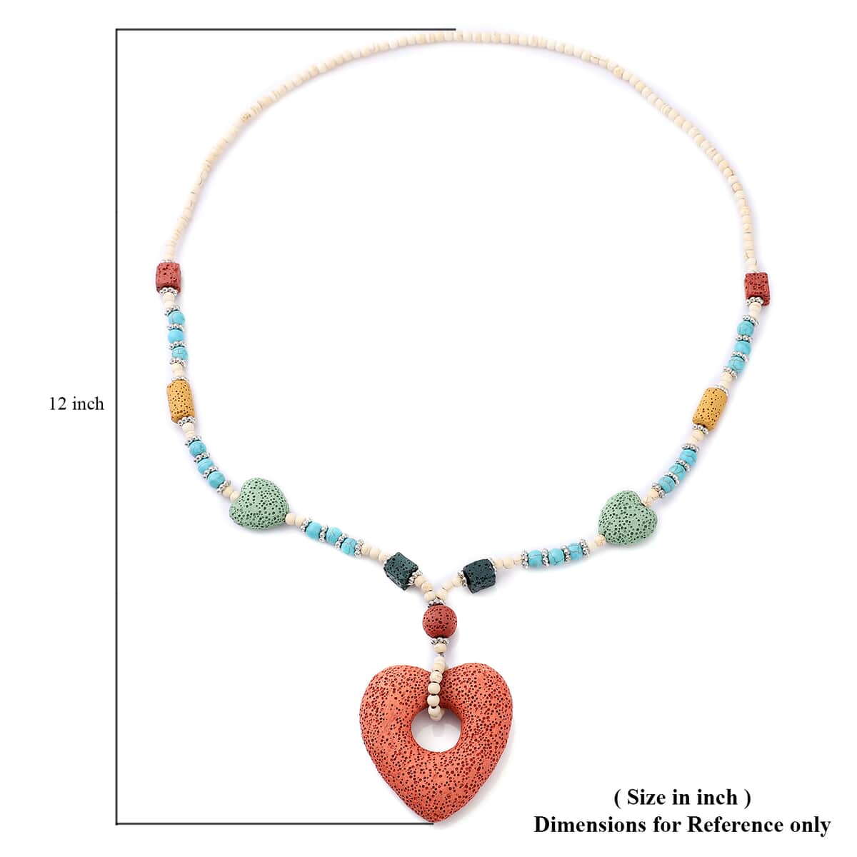 Multi Color Lava, Freshened White and Blue Howlite Beaded Necklace with Heart Charm 28 Inches in Silvertone 229.00 ctw image number 5