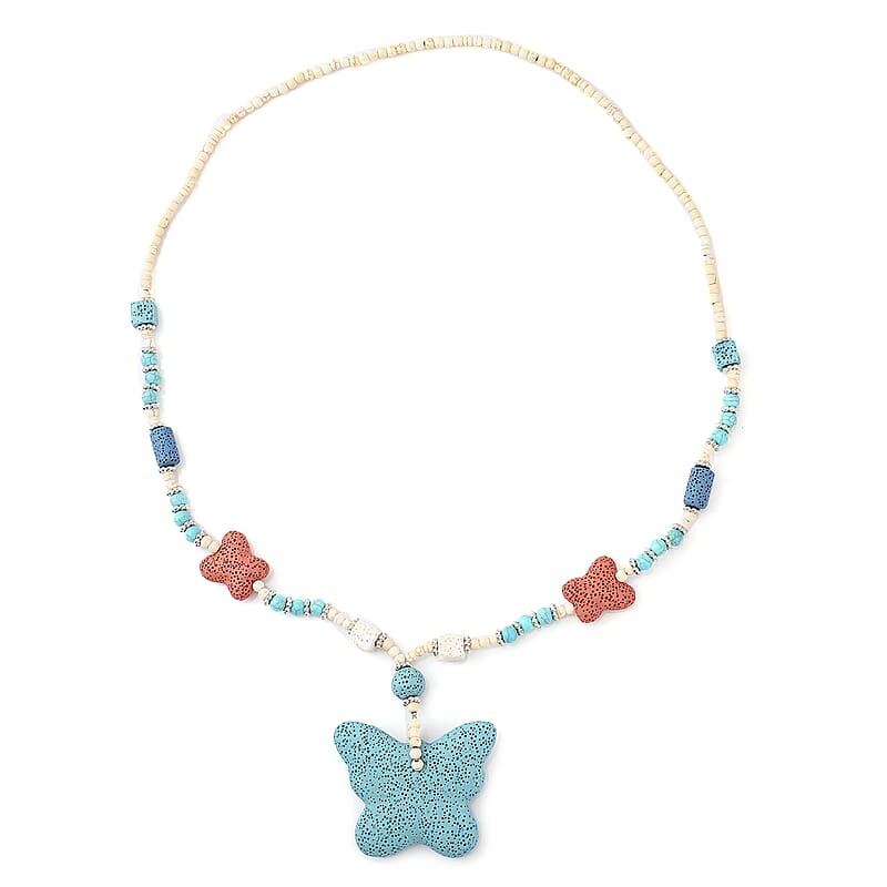 Multi Color Lava, Freshened White and Blue Howlite Beaded Necklace with Butterfly Charm 28 Inches in Silvertone 218.00 ctw