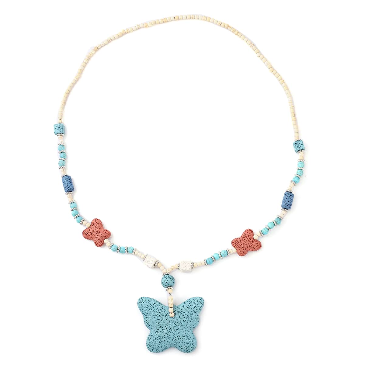 Multi Color Lava, Freshened White and Blue Howlite Beaded Necklace with Butterfly Charm 28 Inches in Silvertone 218.00 ctw image number 0