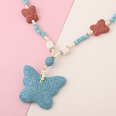 Multi Color Lava, Freshened White and Blue Howlite Beaded Necklace with Butterfly Charm 28 Inches in Silvertone 218.00 ctw