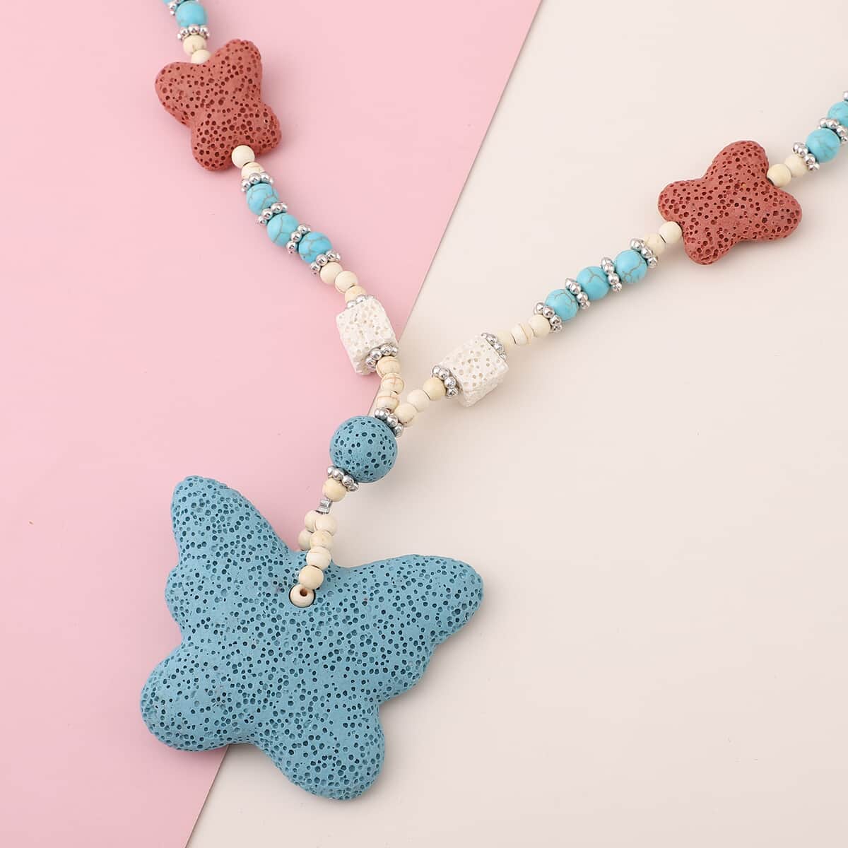 Multi Color Lava, White and Blue Howlite Beaded Necklace with Butterfly Charm 28 Inches in Silvertone 218.00 ctw image number 1