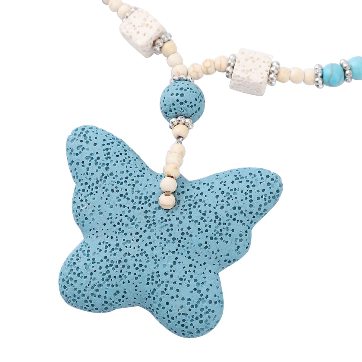 Multi Color Lava, Freshened White and Blue Howlite Beaded Necklace with Butterfly Charm 28 Inches in Silvertone 218.00 ctw image number 2