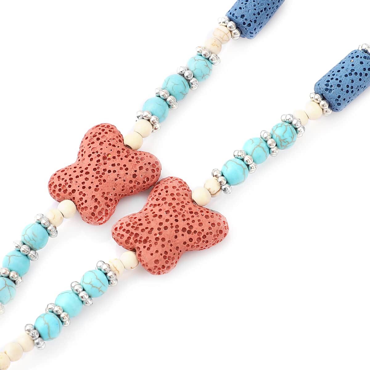 Multi Color Lava, White and Blue Howlite Beaded Necklace with Butterfly Charm 28 Inches in Silvertone 218.00 ctw image number 3