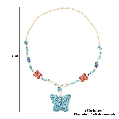 Multi Color Lava, Freshened White and Blue Howlite Beaded Necklace with Butterfly Charm 28 Inches in Silvertone 218.00 ctw