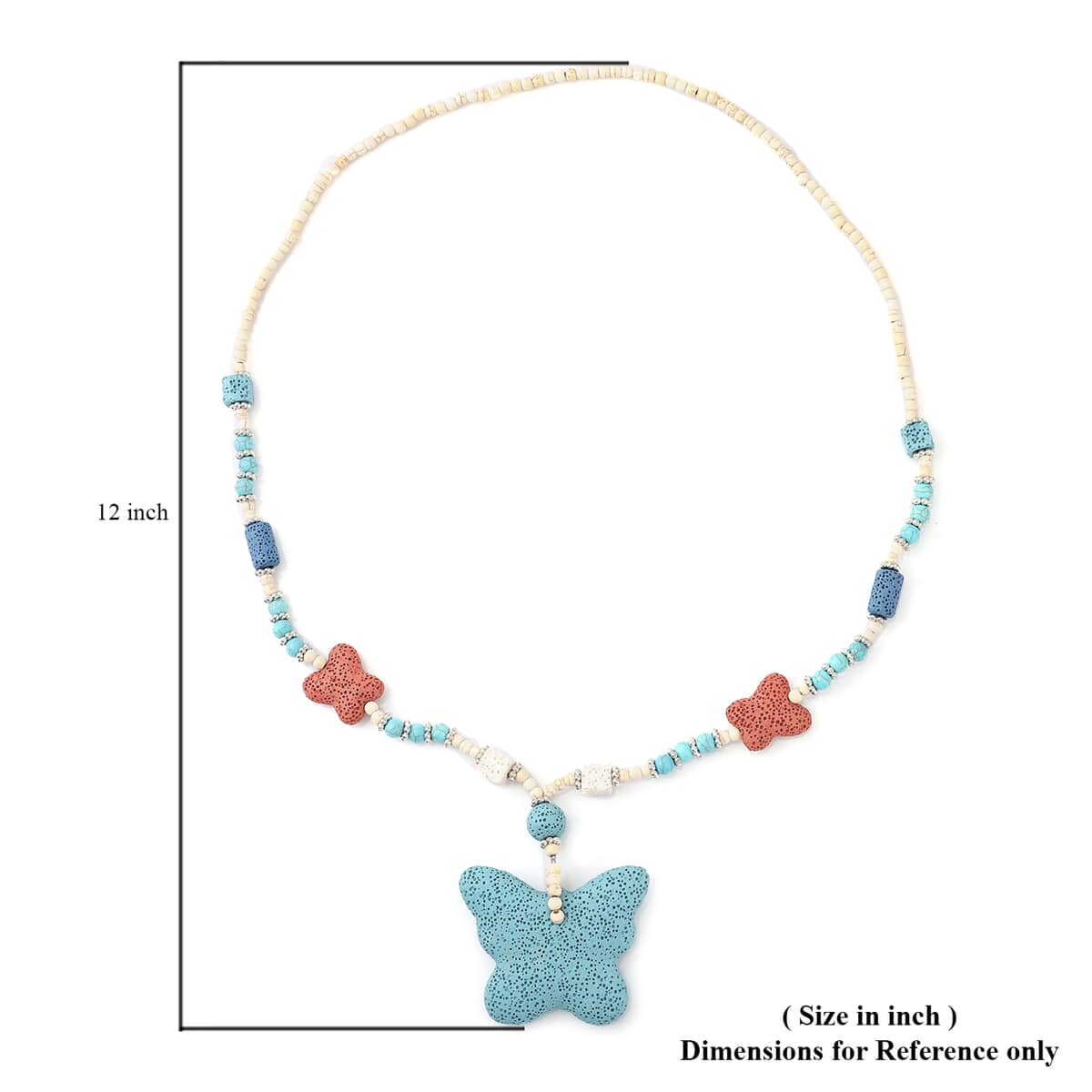 Multi Color Lava, White and Blue Howlite Beaded Necklace with Butterfly Charm 28 Inches in Silvertone 218.00 ctw image number 4