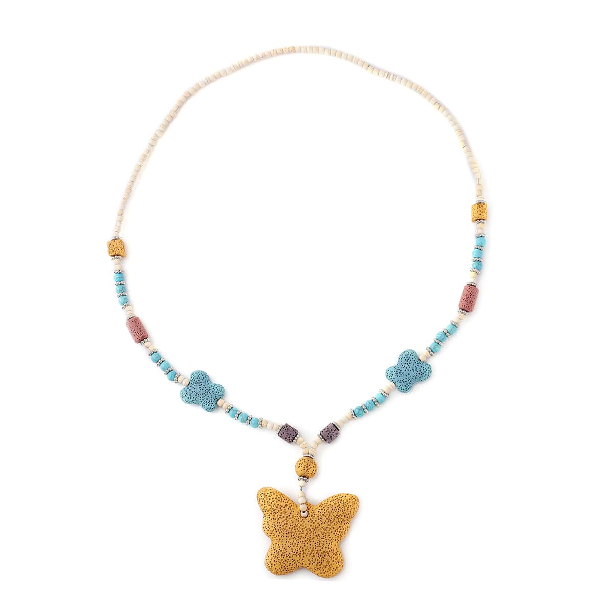 Multi Color Lava, Freshened White and Blue Howlite Beaded Necklace with Butterfly Charm 28 Inches in Silvertone 238.50 ctw image number 2