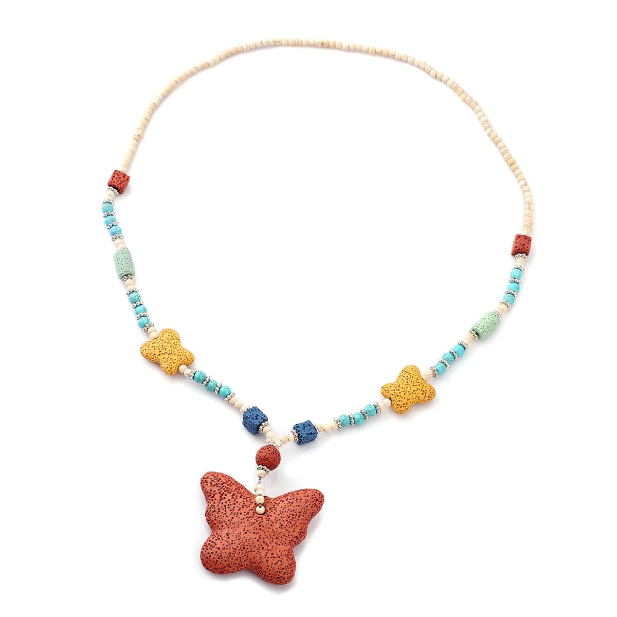 Multi Color Lava, Freshened White and Blue Howlite Beaded Butterfly Charm Necklace 28 Inches in Silvertone 249.00 ctw image number 0