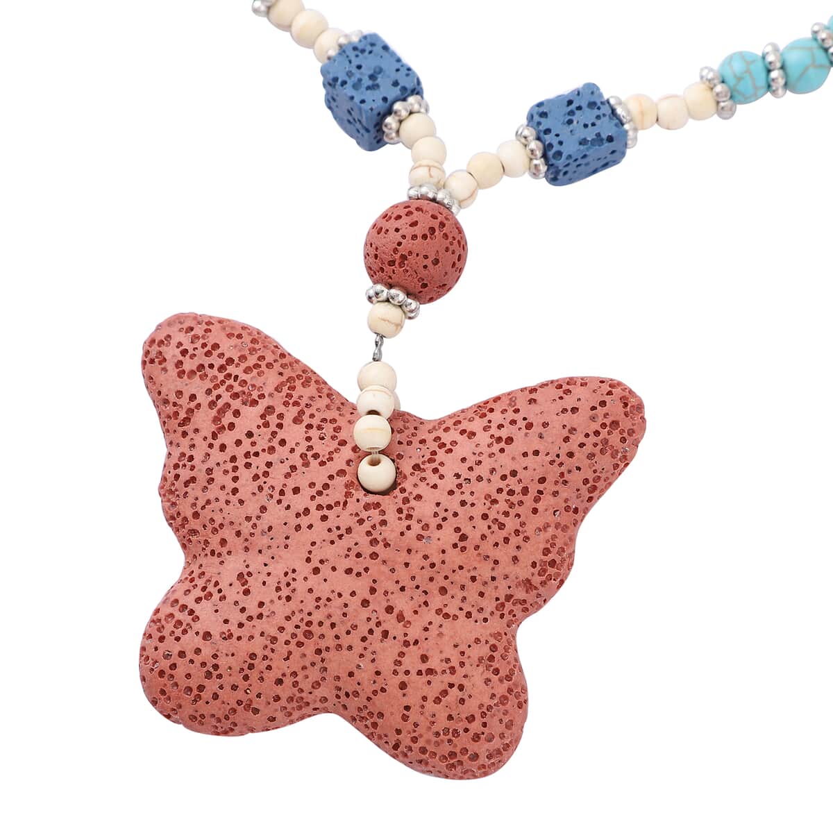 Multi Color Lava, Freshened White and Blue Howlite Beaded Butterfly Charm Necklace 28 Inches in Silvertone 249.00 ctw image number 2