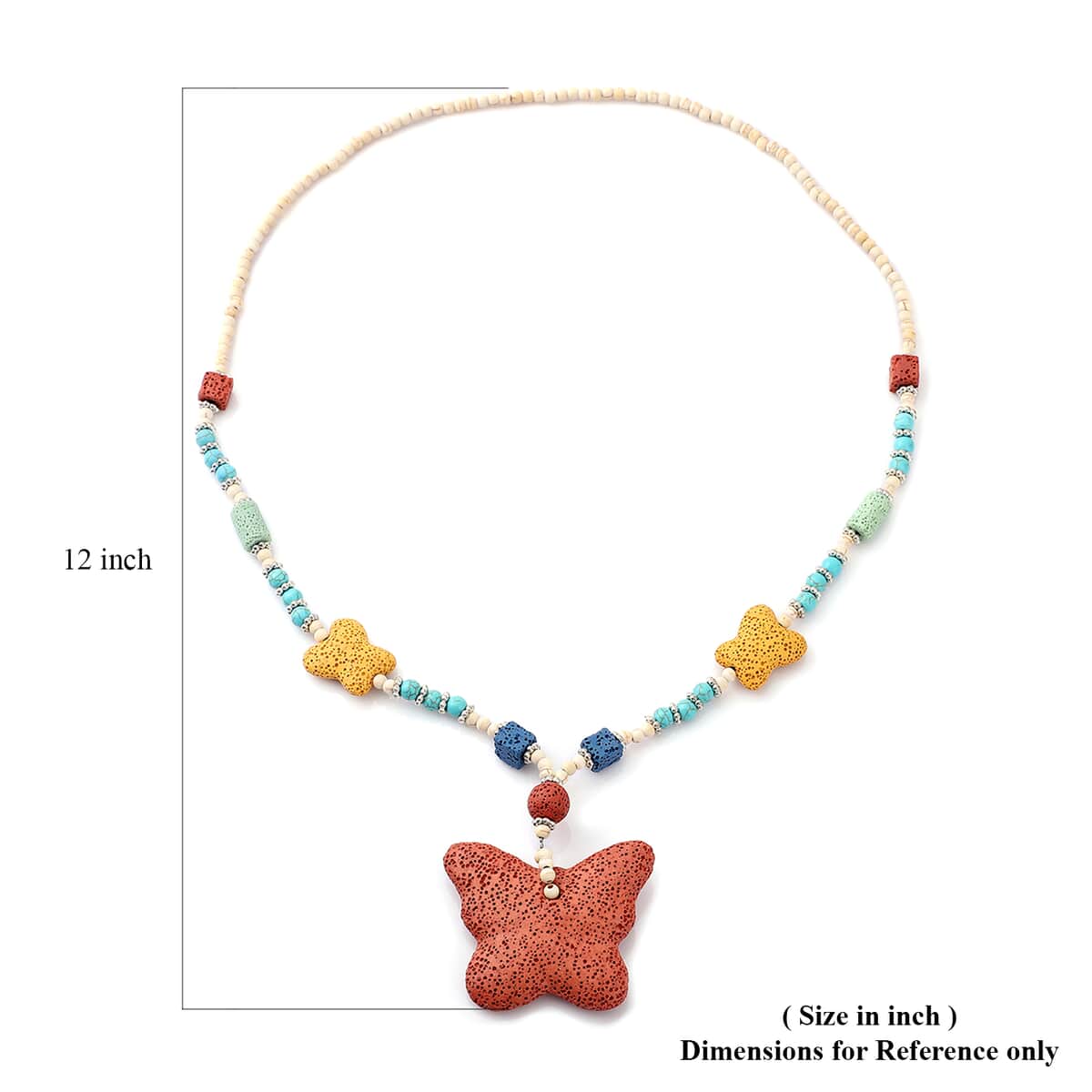 Multi Color Lava, Freshened White and Blue Howlite Beaded Butterfly Charm Necklace 28 Inches in Silvertone 249.00 ctw image number 3