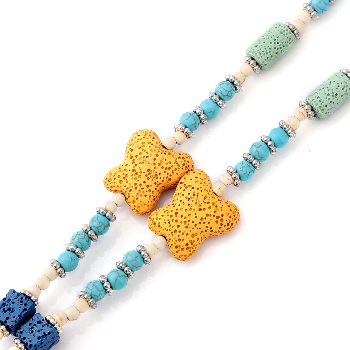 Multi Color Lava, Freshened White and Blue Howlite Beaded Butterfly Charm Necklace 28 Inches in Silvertone 249.00 ctw image number 4