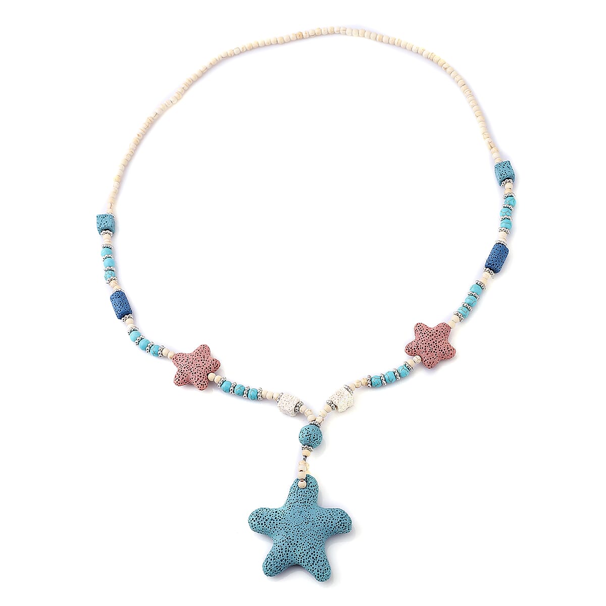 Multi Color Lava, White and Blue Howlite Beaded Star Charm Necklace 28 Inches in Silvertone 198.00 ctw image number 0