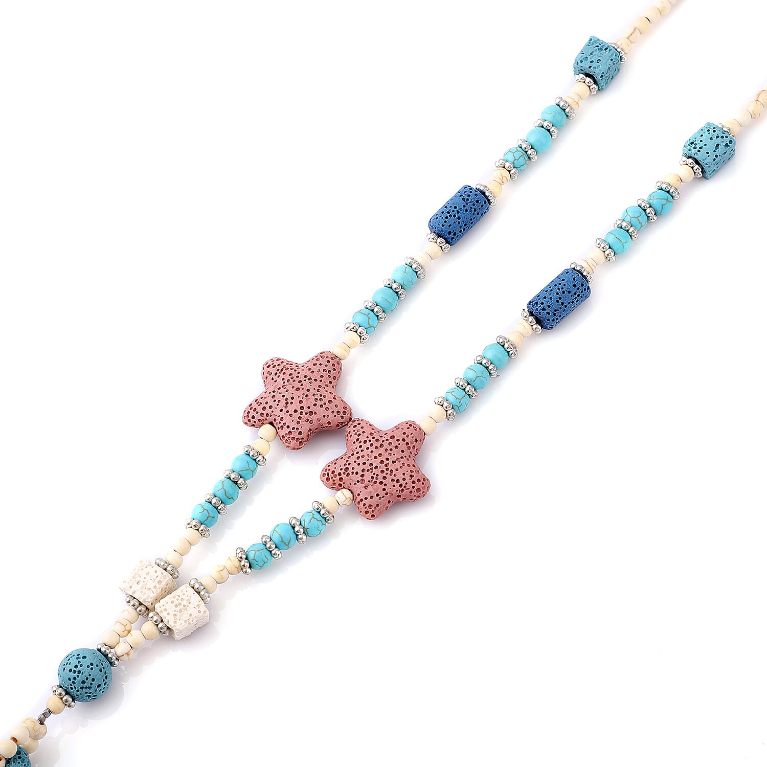Multi Color Lava, Freshened White and Blue Howlite Beaded Star Charm Necklace 28 Inches in Silvertone 198.00 ctw