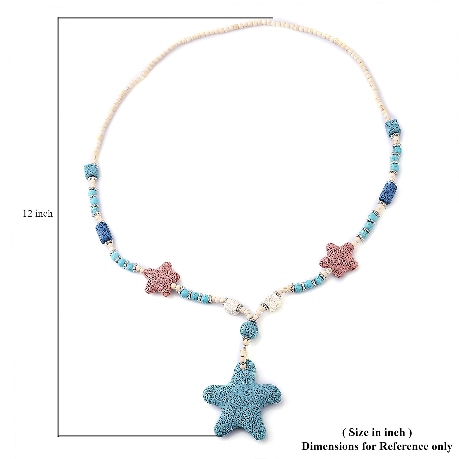 Multi Color Lava, Freshened White and Blue Howlite Beaded Star Charm Necklace 28 Inches in Silvertone 198.00 ctw