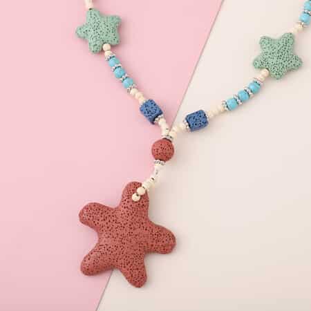 Multi Color Lava, Freshened White and Blue Howlite Beaded Star Charm Necklace 28 Inches in Silvertone 215.50 ctw image number 1