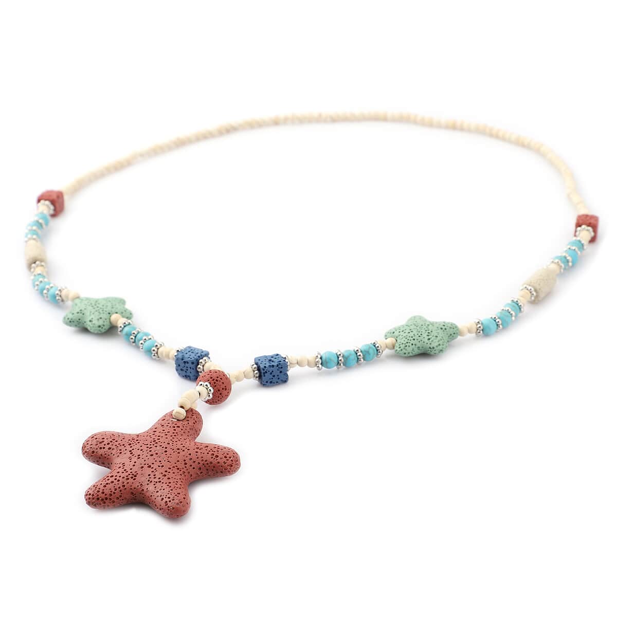 Multi Color Lava, Freshened White and Blue Howlite Beaded Star Charm Necklace 28 Inches in Silvertone 215.50 ctw image number 3