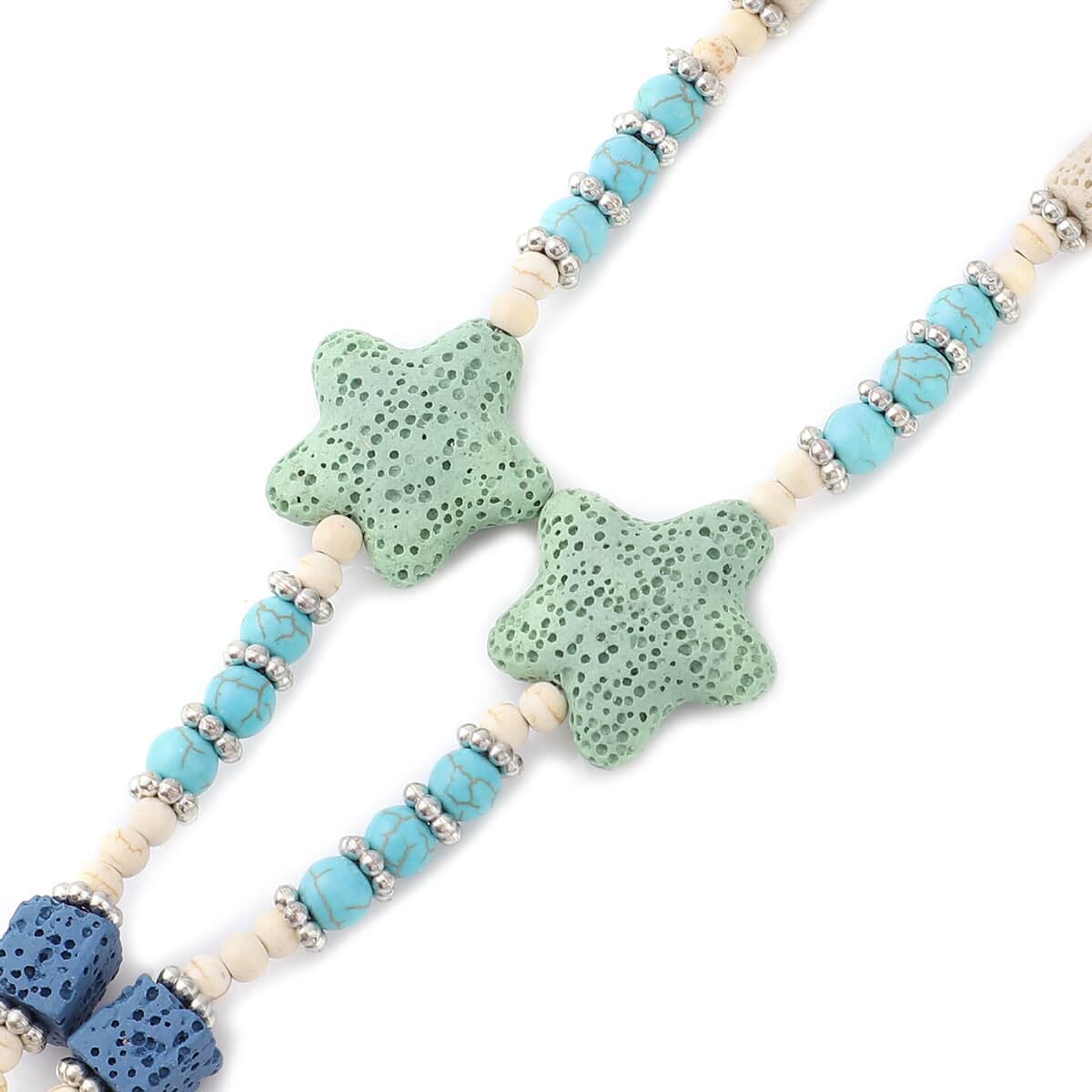 Multi Color Lava, Freshened White and Blue Howlite Beaded Star Charm Necklace 28 Inches in Silvertone 215.50 ctw image number 4