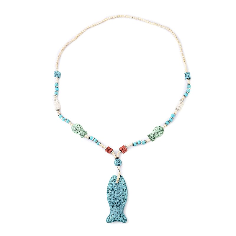 Multi Color Lava, Freshened White and Blue Howlite Beaded Necklace with Fish Charm 28 Inches in Silvertone 221.50 ctw