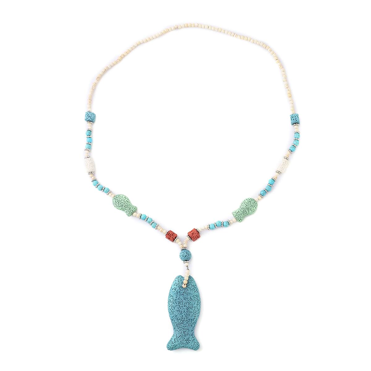 Multi Color Lava, White and Blue Howlite Beaded Necklace with Fish Charm 28 Inches in Silvertone 221.50 ctw image number 0