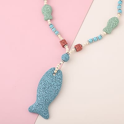 Multi Color Lava, Freshened White and Blue Howlite Beaded Necklace with Fish Charm 28 Inches in Silvertone 221.50 ctw