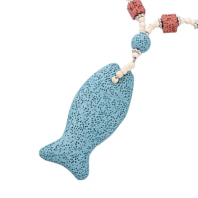Multi Color Lava, Freshened White and Blue Howlite Beaded Necklace with Fish Charm 28 Inches in Silvertone 221.50 ctw