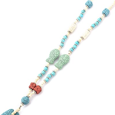 Multi Color Lava, Freshened White and Blue Howlite Beaded Necklace with Fish Charm 28 Inches in Silvertone 221.50 ctw