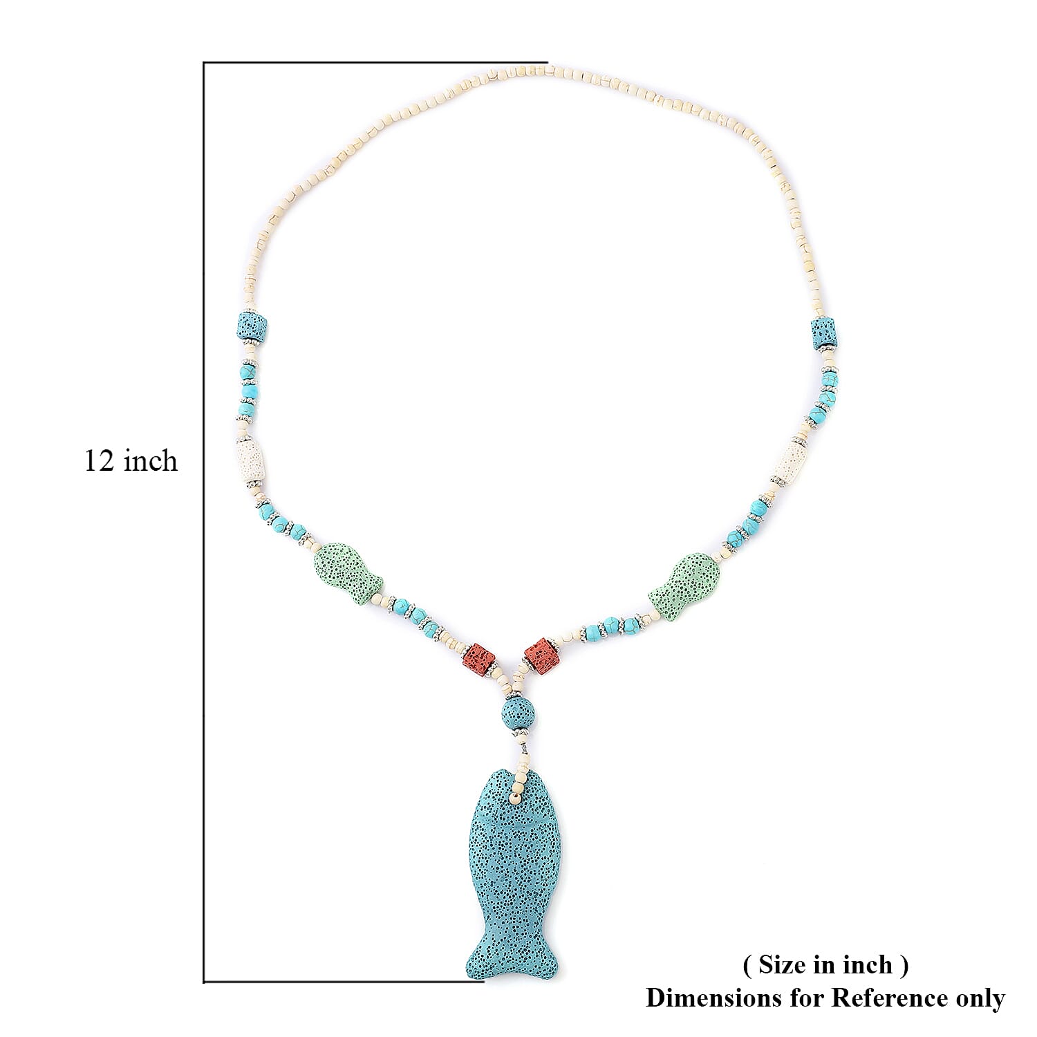 Multi Color Lava, Freshened White and Blue Howlite Beaded Necklace with Fish Charm 28 Inches in Silvertone 221.50 ctw