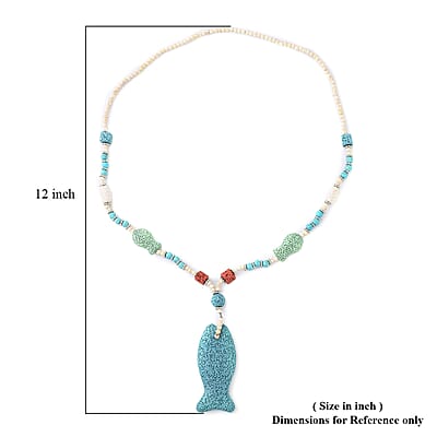Multi Color Lava, Freshened White and Blue Howlite Beaded Necklace with Fish Charm 28 Inches in Silvertone 221.50 ctw