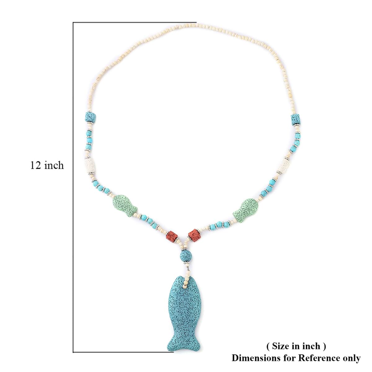 Multi Color Lava, White and Blue Howlite Beaded Necklace with Fish Charm 28 Inches in Silvertone 221.50 ctw image number 4