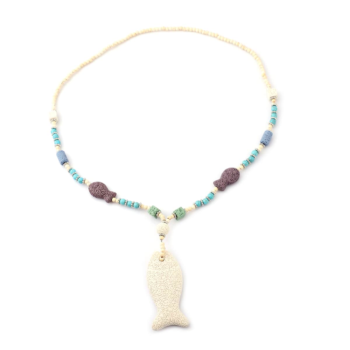 Multi Color Lava, Freshened White and Blue Howlite Beaded Necklace with Fish Charm 28 Inches in Silvertone 211.00 ctw image number 0