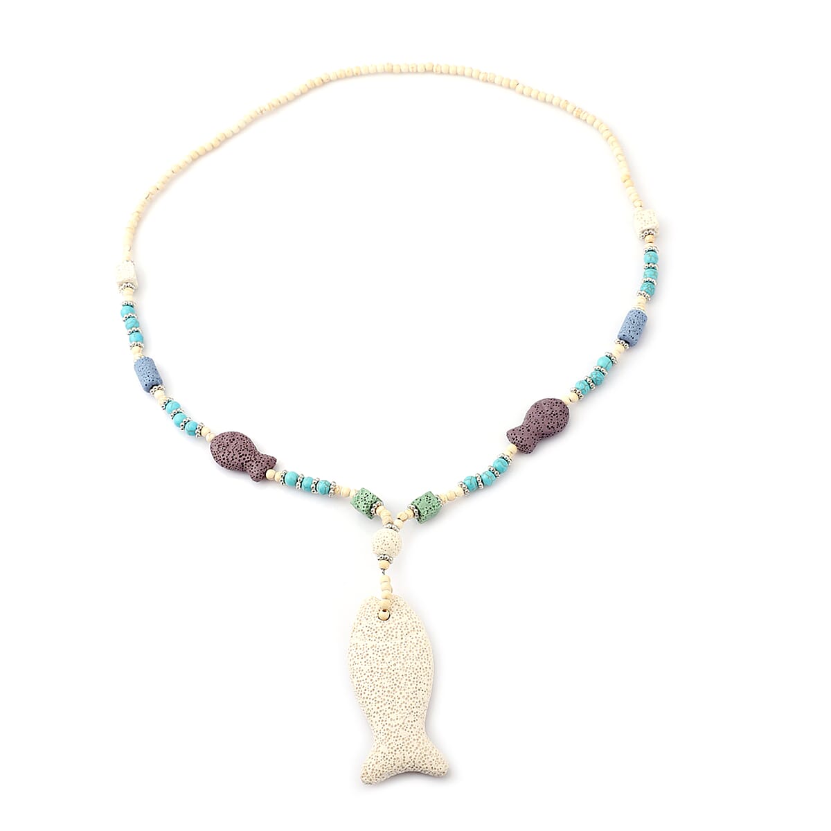 Multi Color Lava, Freshened White and Blue Howlite Beaded Necklace with Fish Charm 28 Inches in Silvertone 211.00 ctw image number 0