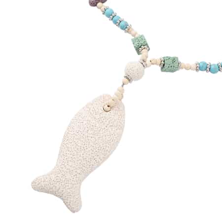 Multi Color Lava, Freshened White and Blue Howlite Beaded Necklace with Fish Charm 28 Inches in Silvertone 211.00 ctw image number 2